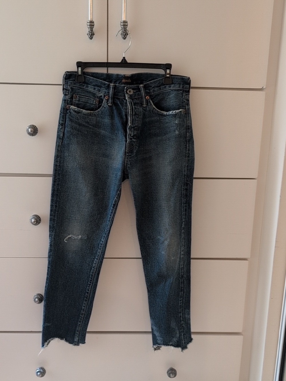 Classic Dark Wash Straight Jeans - Distressed Hem